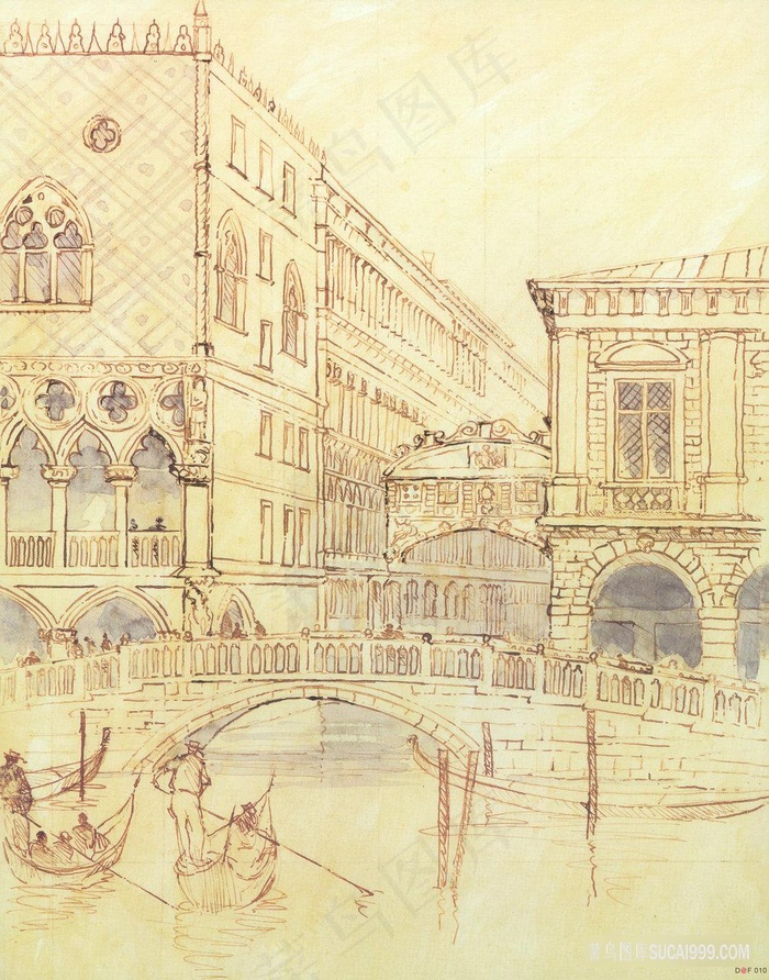 简约建筑拱桥风景画