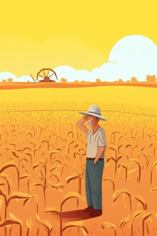 秋季丰收金色麦田农民伯伯插画背景(896x1344)