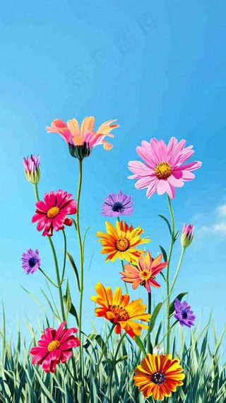 春天蓝天白云草坪鲜花，五彩缤纷鲜艳摄影图