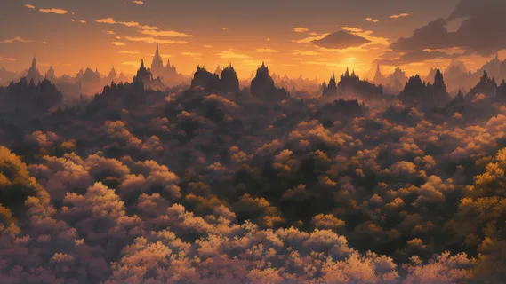 美丽大气写意风景背景壁纸插画-黄昏下的密林