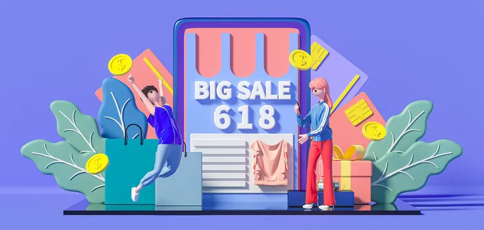 C4D立体618商务蓝色卡通人物背景