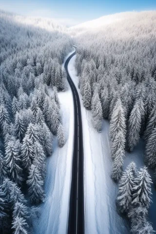 冬天森林公路森林俯瞰图摄影图