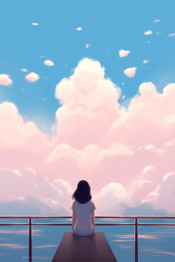 夏日海边云彩天空女孩坐着码头卡通插画素材背景 (x)
