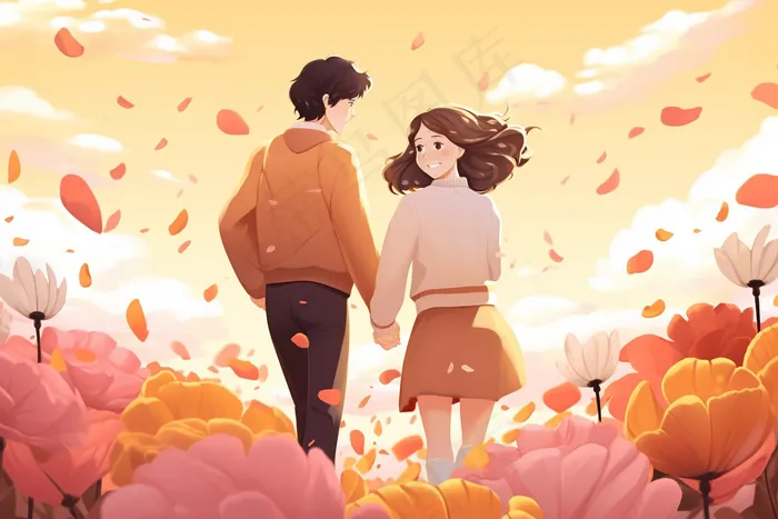 秋日花丛情侣人物插画夕阳背景(x)