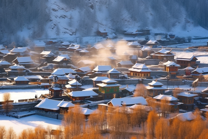 冬天白雪覆盖的小村庄雪景摄影图(4032x2688)