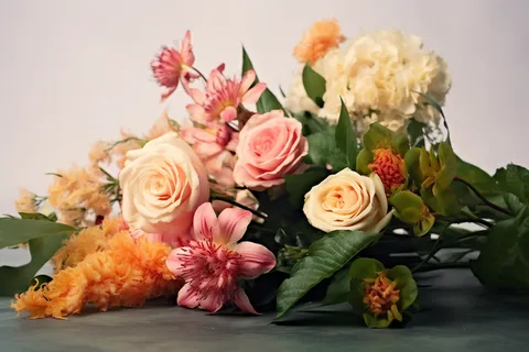 地上放着的一大束鲜花摄影图