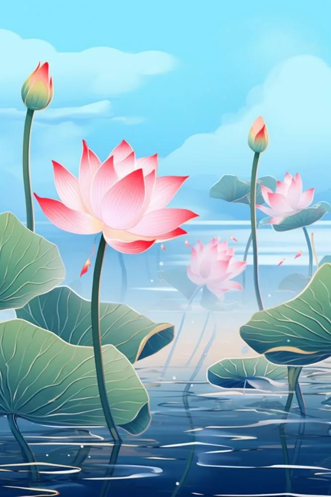 蓝色光影清新荷花背景(896x1344)