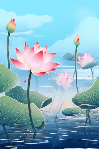 蓝色光影清新荷花背景