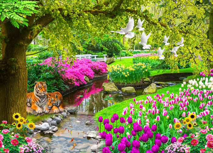 绿林郁金香花园双虎背景psd模版下载
