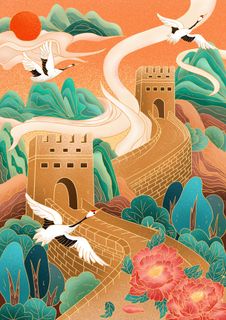 中国风国潮古建筑地标城市古风建筑阁楼印象地标手绘插画PSD素材