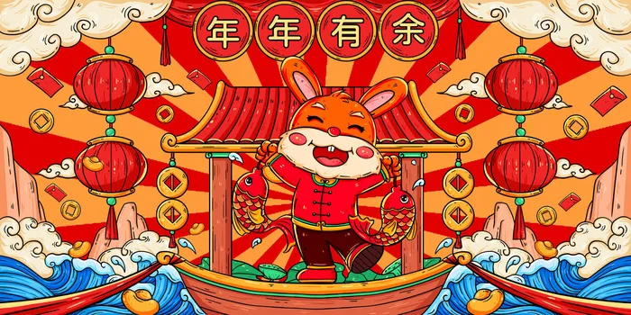 时尚创意卡通兔子新年喜庆展板