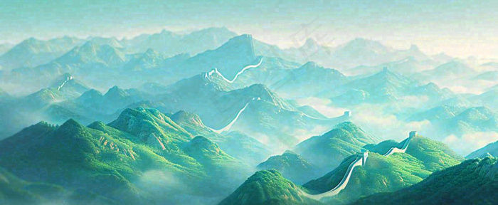 崇山峻岭高山白云中国风插画长城风景(1712x704)