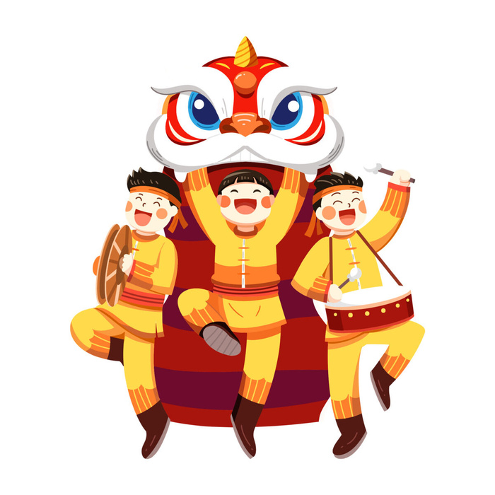 新年春节虎年元宵手绘人物舞狮卡通狮子头插画元素PSD设计素材