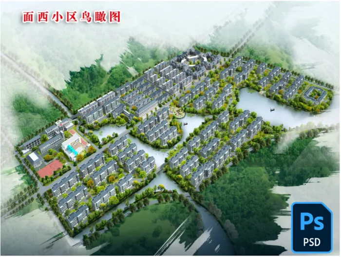 泗洪县青阳镇面西小区鸟瞰图psd模版下载