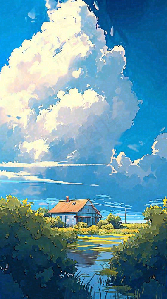 春天乡村河流倒影草地蓝天白云小屋手绘插画(816x1456)