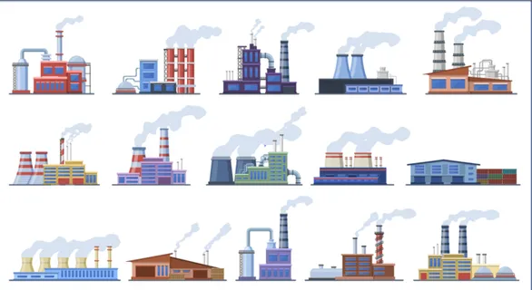 业仓库和电站，制造厂房建筑外部矢量图图标集