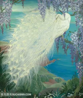 白孔雀花枝湖畔装饰画 白孔雀花枝湖畔装饰画