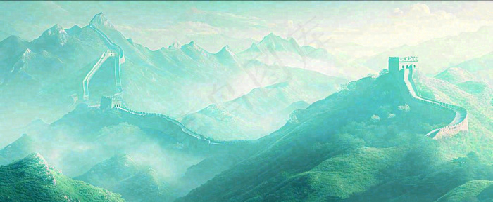 崇山峻岭高山白云中国风插画长城风景