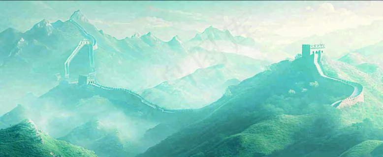 崇山峻岭高山白云中国风插画长城风景