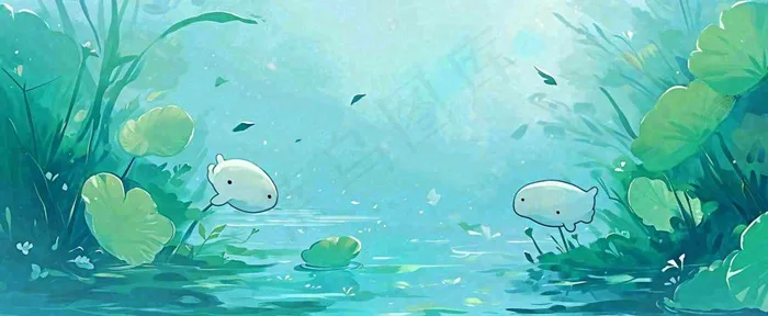 夏天池塘荷花池荷花荷叶河流插画手绘，夏至处暑小暑大暑(1712x704)