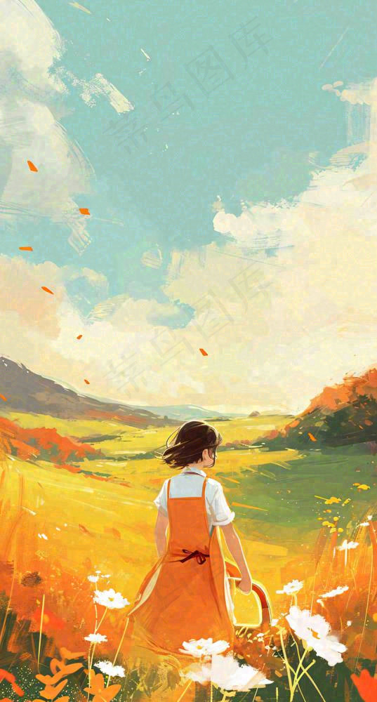 春日浪漫山脉鲜花草坪里的女孩，油画手绘插画，春分(800x1488)
