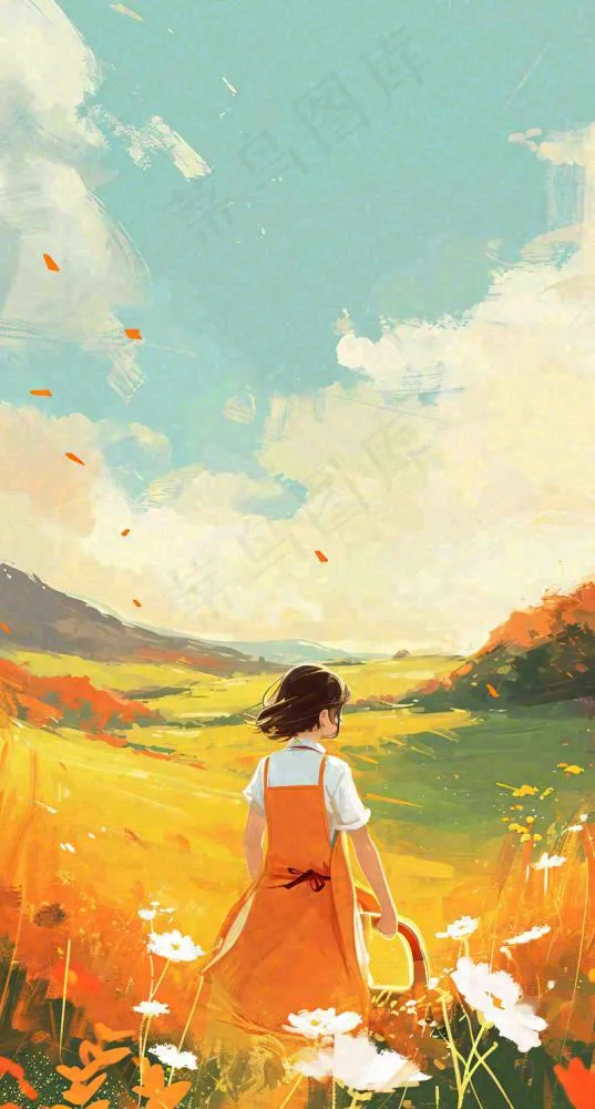 春日浪漫山脉鲜花草坪里的女孩，油画手绘插画，春分(800x1488)