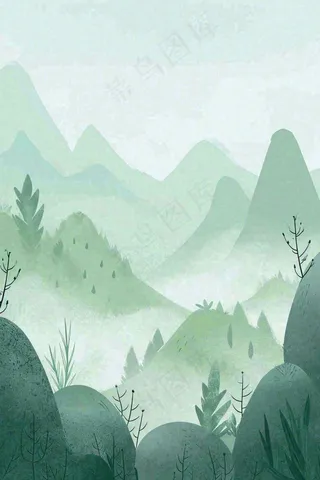 青绿山脉树木小草扁平插画手绘