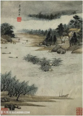画家巨然仿古画册摹赵大年国画图片