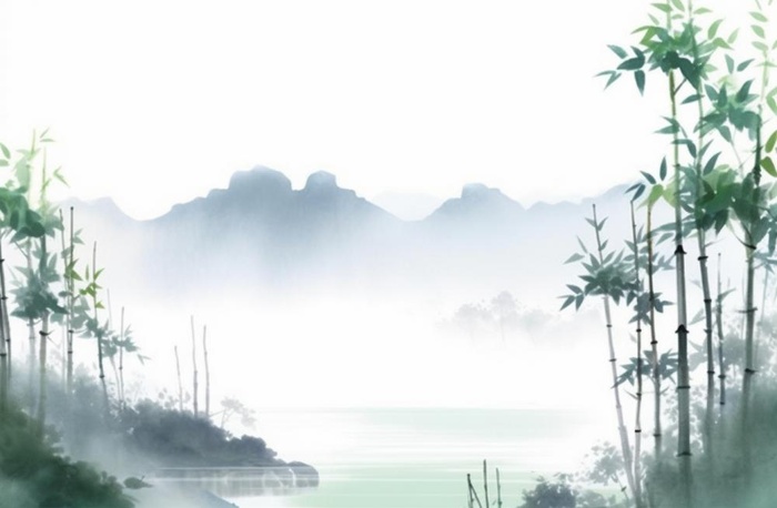 中国山水竹子水墨画绿色背景(1344x880)