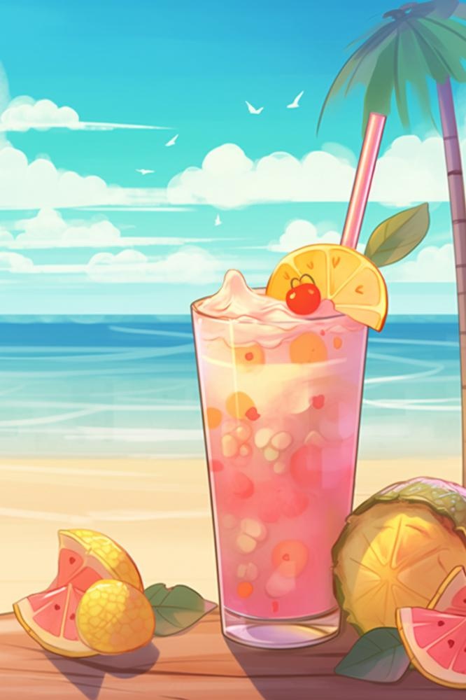夏日海洋沙滩酷热冰饮料插画背景(2000x3000)