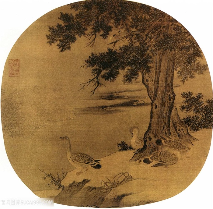 中国水墨山水画大雁团扇扇面