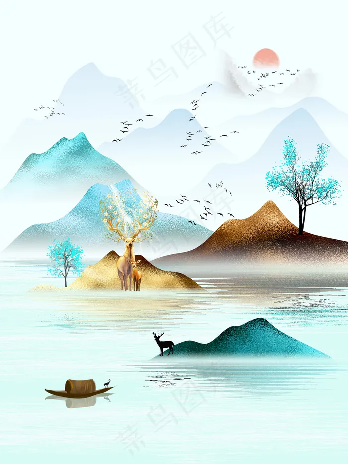 轻奢山水金鹿日出画客厅卧室装饰画，玄关画
