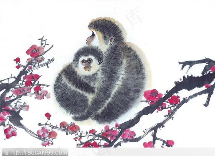 水墨画双猴相抱图