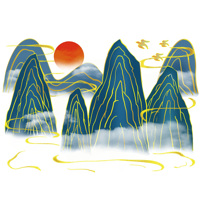 中国风国潮山水插画祥云中式手绘烫金线条元素png装饰背景PSD素材