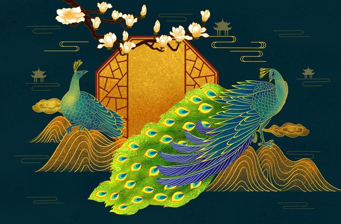 国潮烫金中国风仙鹤装饰画海报