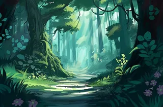 阳光明媚的日子里的一片绿色森林插画背景