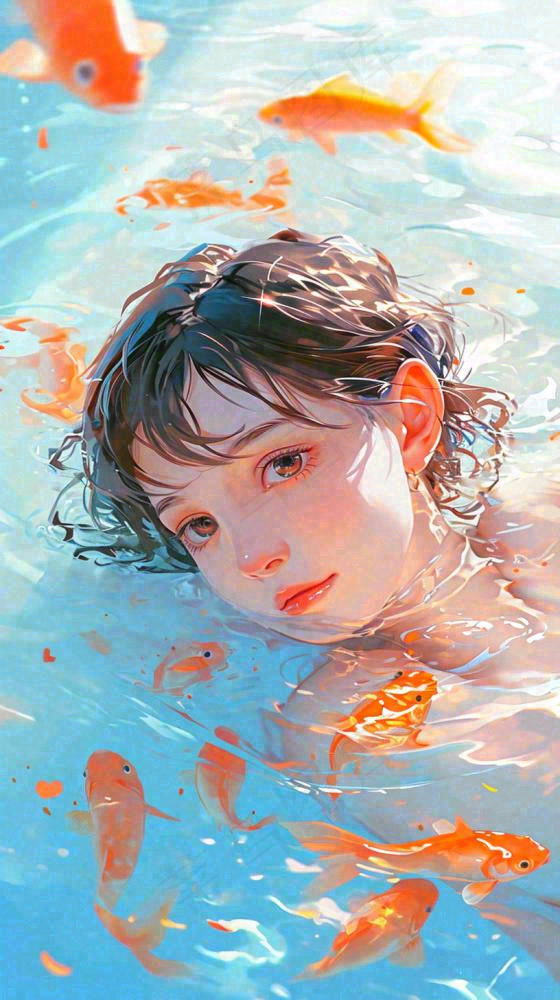 阳光泳池游泳人物男女，金鱼水面海上，反光色彩摄影图(816x1456)