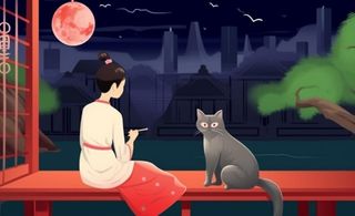 夜晚窗边赏月人物插画背景