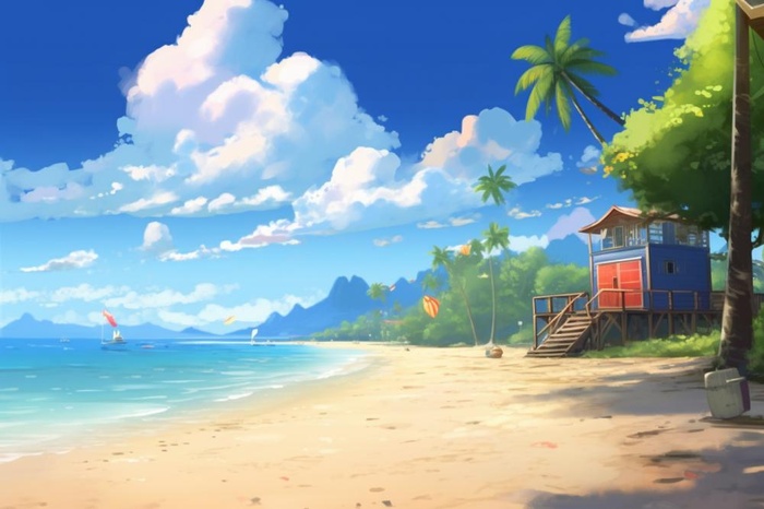 夏日阳光沙滩海浪蓝色插画背景
