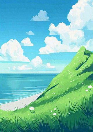 海边蓝天白云草地小花，春天清新海景