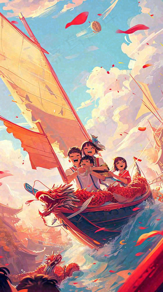 海面上龙船开船手绘插画，孩子人物，蓝天白云古风(816x1456)