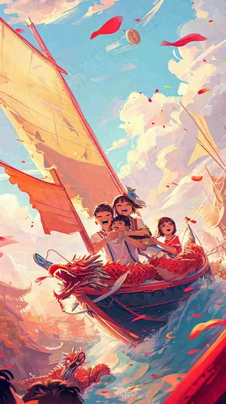 海面上龙船开船手绘插画，孩子人物，蓝天白云古风