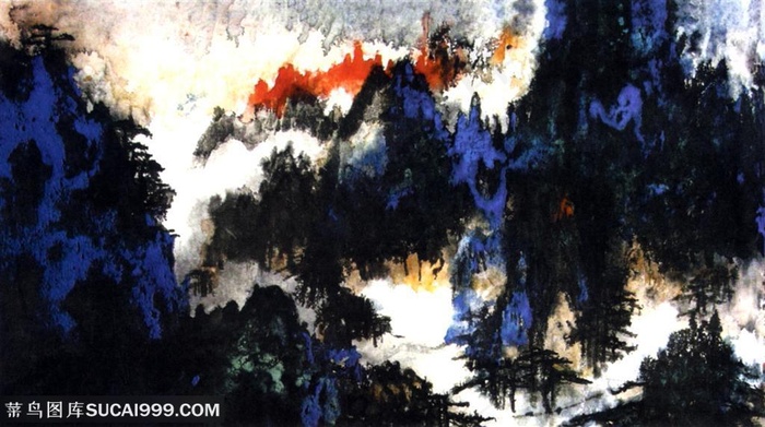 国画名家作品-刘海粟的黄山水雪台晚翠图