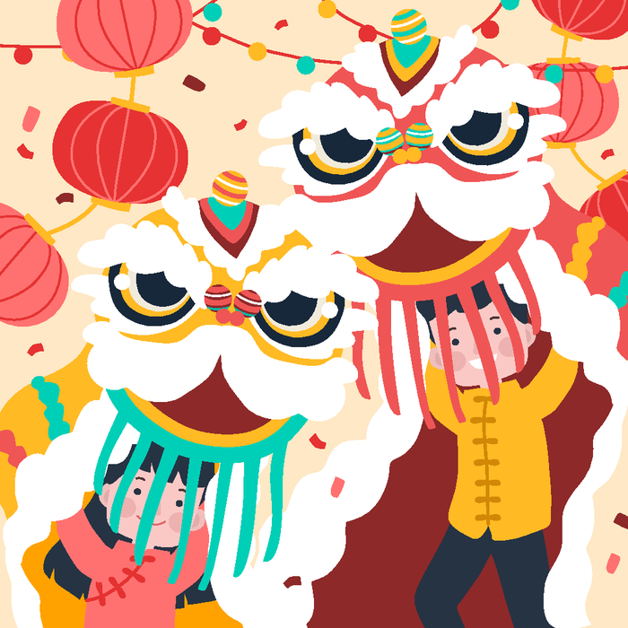 新年虎年舞狮插画 