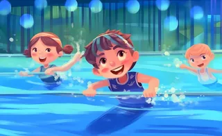 游泳池游泳儿童学生们玩乐蓝色卡通插画背景