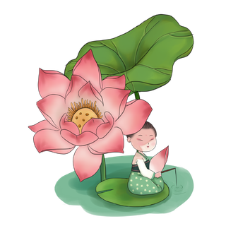 夏季荷花下钓鱼的古装女孩