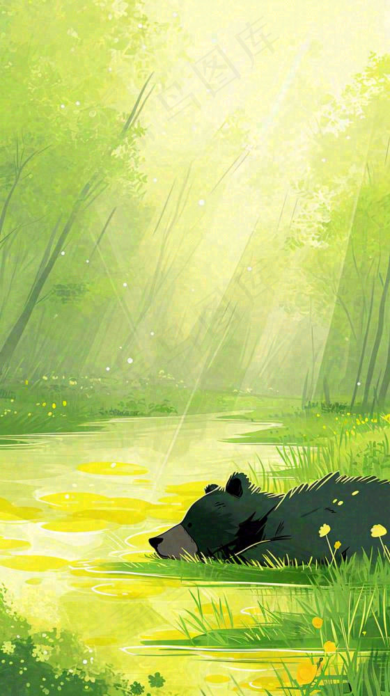 夏日森林丛林阳光绿色河面草丛树木手绘插画，夏至小暑大暑(816x1456)