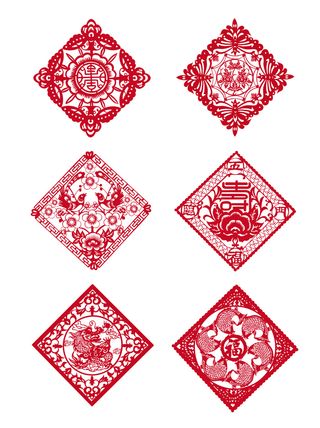 剪纸新年吉祥红色剪纸窗花透明免扣矢量元素