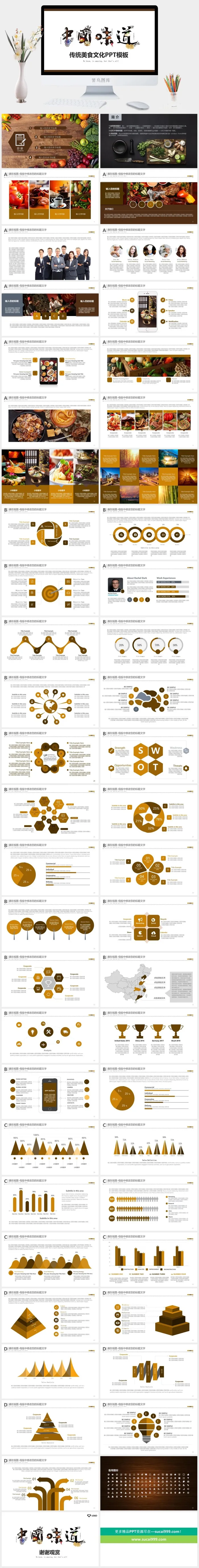 黄色创意设计中国味道传统美食文化餐饮小吃PPT模版