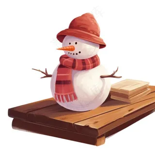 木板上的雪人帽子围巾卡通插画